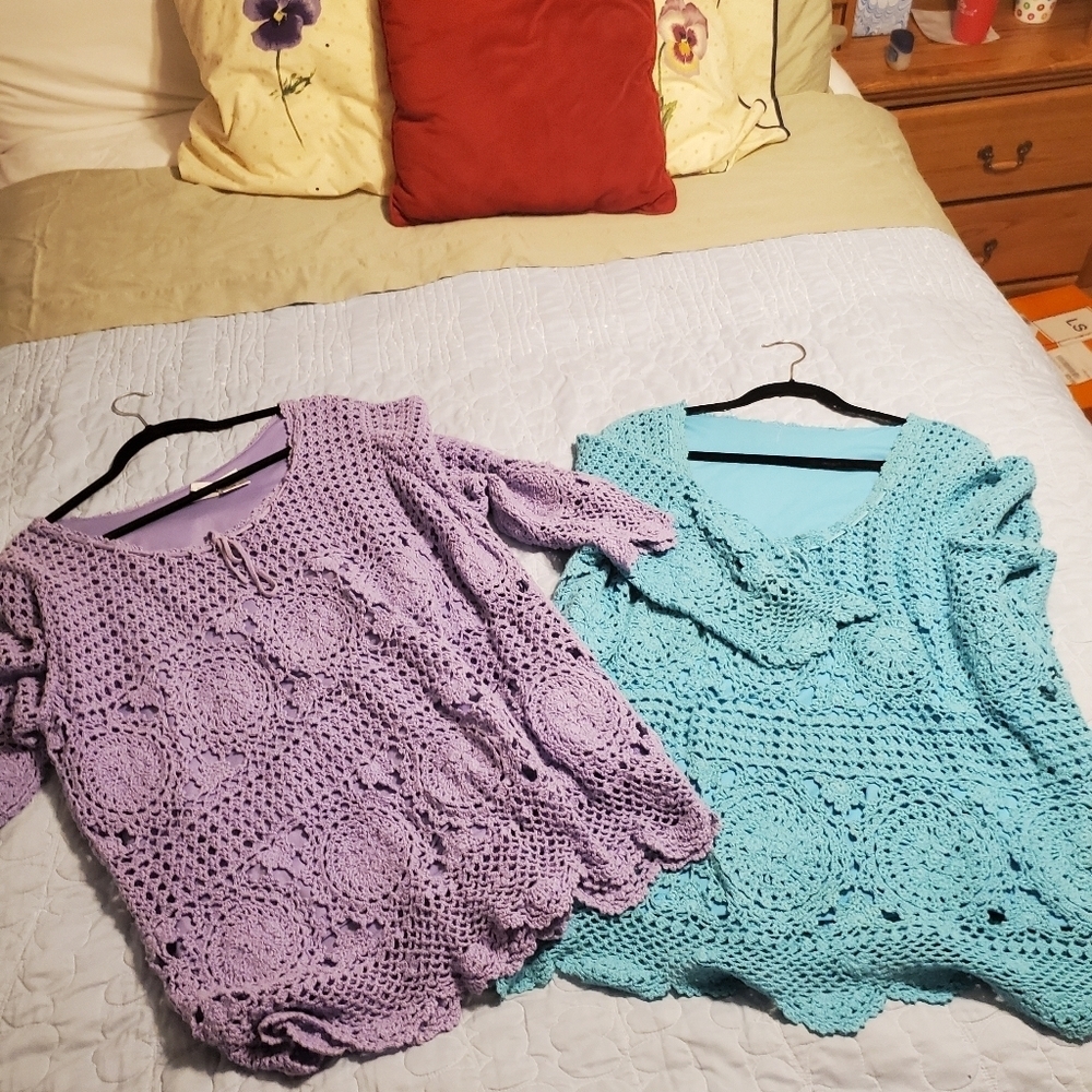 Roamans Aqua Crochet Top - Picture 9 of 12
